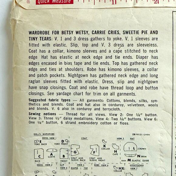 12" Doll Clothes Sewing Pattern Simplicity 4727 Tiny Tears Betsy Wetsy Carrie - Picture 3 of 3